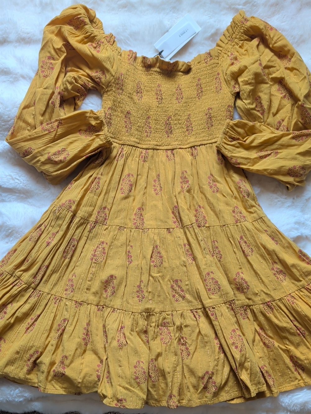 **2 for $40** Women's Mustard Yellow Smocked Long-Sleeve Tiered Dress